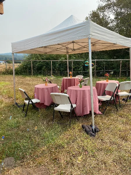 A white canopy tent set up outdoors with round tables covered in pink tablecloths and white folding chairs.