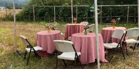 A white canopy tent set up outdoors with round tables covered in pink tablecloths and white folding chairs.