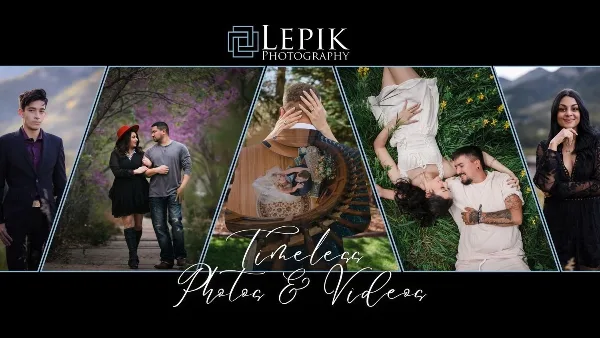A collage of professional portrait and couple photographs featuring various subjects in outdoor settings.