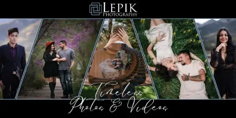 A collage of professional portrait and couple photographs featuring various subjects in outdoor settings.