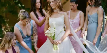 A bride in a white gown holding a bouquet of calla lilies, surrounded by bridesmaids in pastel dresses, standing outdoors in a garden.