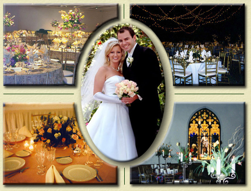 A collage of wedding reception scenes including a bride and groom, set banquet tables with floral arrangements, and a decorated venue.