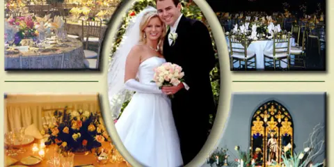 A collage of wedding reception scenes including a bride and groom, set banquet tables with floral arrangements, and a decorated venue.