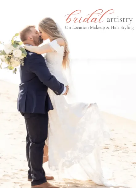A bride and groom kissing on a beach with the text 'bridal artistry On Location Makeup & Hair Styling' overlaid.