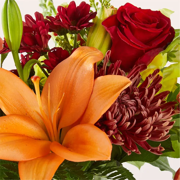 A close-up of a fresh flower arrangement featuring an orange lily, a red rose, and dark red chrysanthemums.