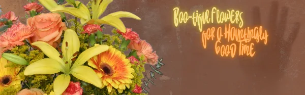 A colorful bouquet of yellow lilies, orange roses, and gerbera daisies arranged against a brown background with neon-style text.