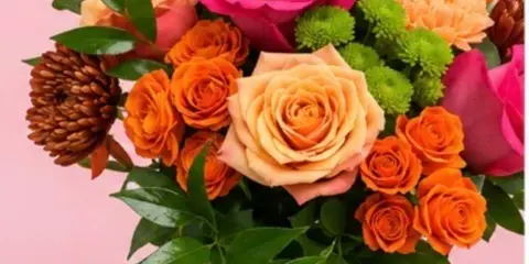 A colorful bouquet of pink, orange, and peach roses with green filler flowers arranged in a clear glass vase.