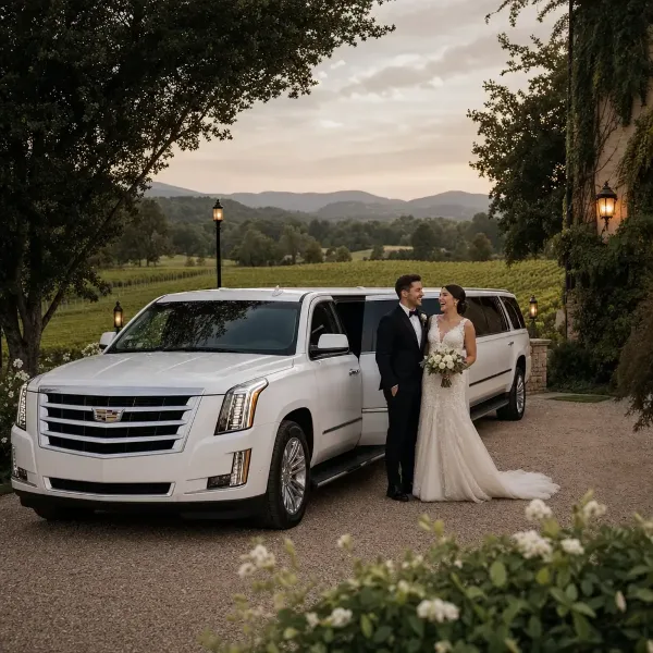 A bride and groom standing next to a white stretch limousine at a vineyard wedding venue.