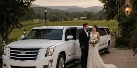 A bride and groom standing next to a white stretch limousine at a vineyard wedding venue.