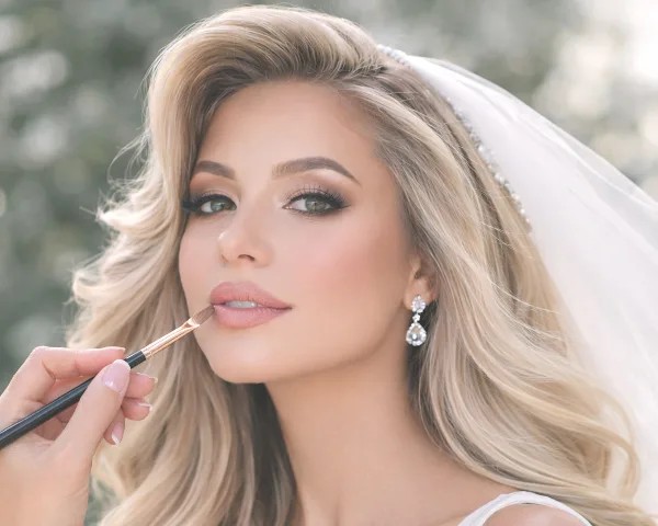 A makeup artist applying lip gloss to a blonde bride wearing a veil and diamond earrings.