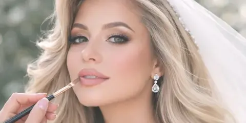 A makeup artist applying lip gloss to a blonde bride wearing a veil and diamond earrings.