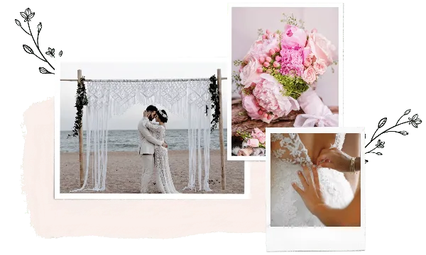 A collage showing a couple under a beach wedding arch, a pink floral bouquet, and a close-up of a wedding dress.