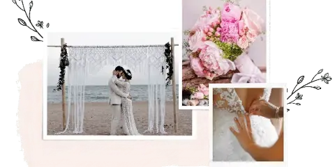 A collage showing a couple under a beach wedding arch, a pink floral bouquet, and a close-up of a wedding dress.