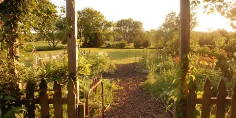A sunlit garden path with wooden fencing and lush vegetation leading into a rural property.
