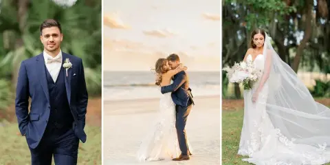 A collage of three wedding photographs featuring a groom in a navy suit, a couple embracing on a beach at sunset, and a bride in a lace gown holding a bouquet.