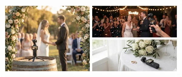 A collage of three photos showing a small camera on a tripod filming a wedding ceremony, a hand holding a camera filming a first dance, and a camera resting on a table next to a bouquet and rings.