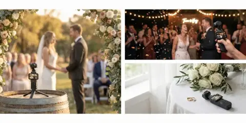 A collage of three photos showing a small camera on a tripod filming a wedding ceremony, a hand holding a camera filming a first dance, and a camera resting on a table next to a bouquet and rings.