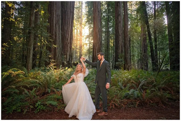 Bride and groom dancing in a redwood forest with tall trees and ferns