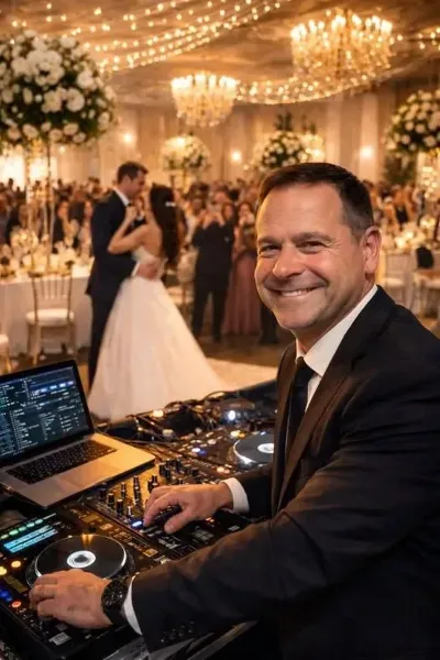 A professional DJ in a suit mixing music at a wedding reception with a bride and groom dancing in the background.