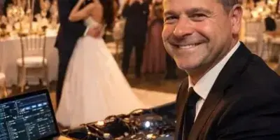 A professional DJ in a suit mixing music at a wedding reception with a bride and groom dancing in the background.