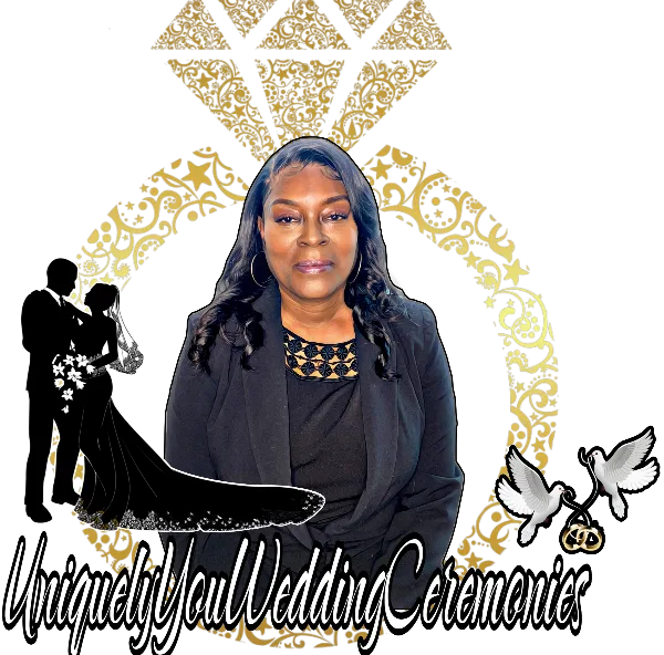 Portrait of a woman in professional attire with wedding-themed graphics including a couple silhouette and doves.