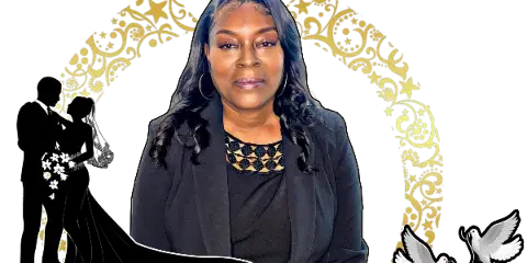 Portrait of a woman in professional attire with wedding-themed graphics including a couple silhouette and doves.