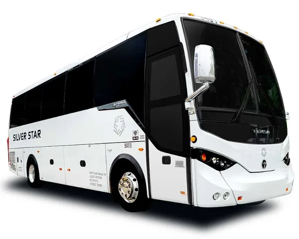 A white Silver Star 34-passenger coach bus parked on a white background.