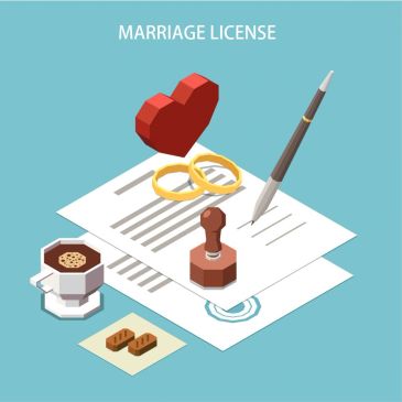 An isometric illustration of a marriage license document with wedding rings, a notary stamp, and a pen.