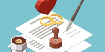 An isometric illustration of a marriage license document with wedding rings, a notary stamp, and a pen.