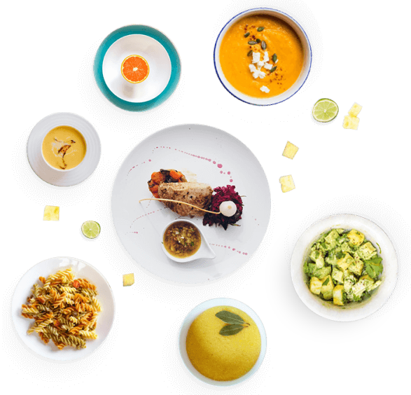 A collage of gourmet catering dishes including a plated main course, soup, salad, and pasta.