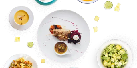 A collage of gourmet catering dishes including a plated main course, soup, salad, and pasta.