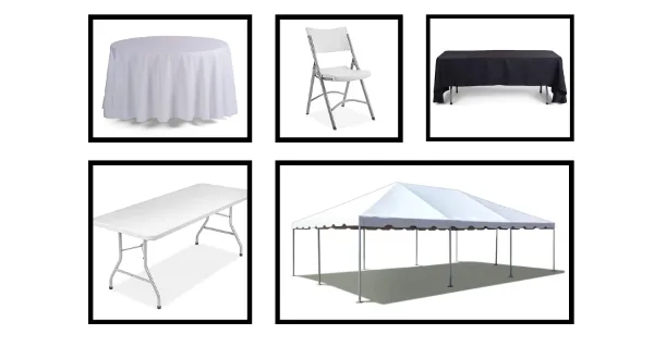 A grid of product photos showing a round table with a white tablecloth, a white folding chair, a rectangular table with a black tablecloth, a white folding table, and a white event tent.