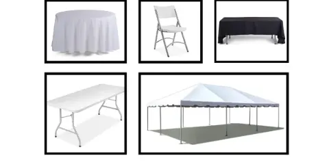 A grid of product photos showing a round table with a white tablecloth, a white folding chair, a rectangular table with a black tablecloth, a white folding table, and a white event tent.
