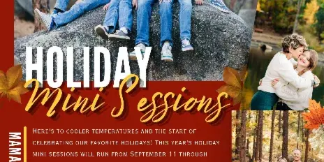 A promotional flyer for Mama Bear Studios featuring a collage of family and portrait photography samples, pricing details, and contact information.
