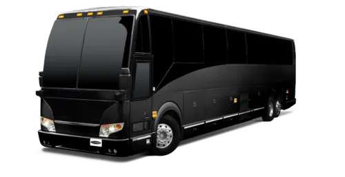 A black motor coach bus shown in a three-quarter view against a white background.