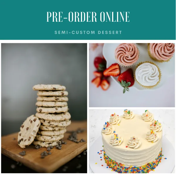 A collage of baked goods including a stack of chocolate chip cookies, frosted cupcakes with strawberries, and a white frosted cake decorated with piped frosting and sprinkles.