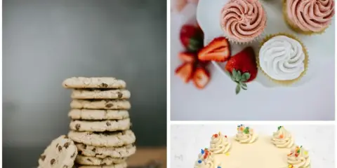 A collage of baked goods including a stack of chocolate chip cookies, frosted cupcakes with strawberries, and a white frosted cake decorated with piped frosting and sprinkles.