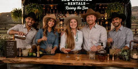 A group of five professional bartenders in western attire standing behind a rustic wooden bar with the 'Rio Grande Rentals' sign, serving drinks.