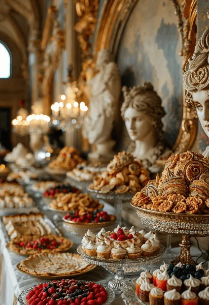 An elegant catering table filled with assorted pastries, tarts, and desserts on ornate silver stands in a grand interior setting.