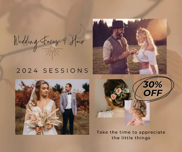 A promotional collage for Wedding Faces and Hair featuring photos of a bride and groom, a bride holding a bouquet, and close-ups of bridal updos and hair accessories.
