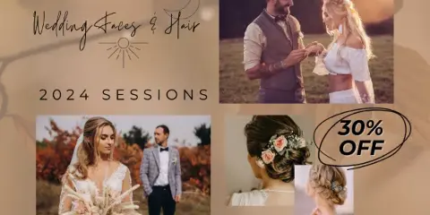 A promotional collage for Wedding Faces and Hair featuring photos of a bride and groom, a bride holding a bouquet, and close-ups of bridal updos and hair accessories.