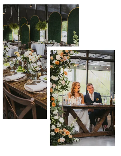 A wedding reception table set with white plates, gold cutlery, glassware, and floral centerpieces, with a bride and groom seated at a head table.