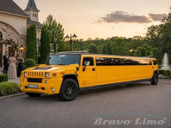 Yellow Hummer H2 stretch limousine parked outside a wedding venue with formally dressed guests, Bravo Limo watermark visible.