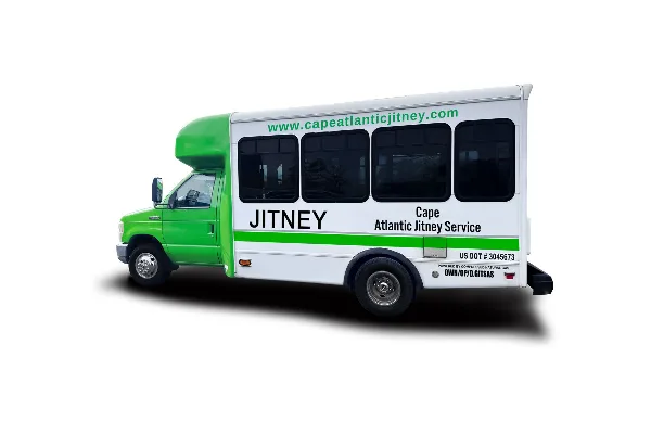 A green and white shuttle bus branded with 'JITNEY' and 'Cape Atlantic Jitney Service' on a white background.
