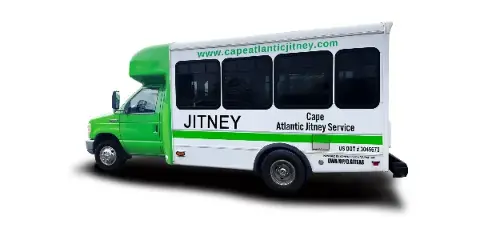 A green and white shuttle bus branded with 'JITNEY' and 'Cape Atlantic Jitney Service' on a white background.