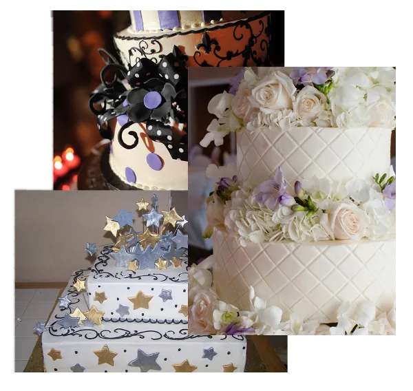 A collage of three custom cakes, including a multi-tiered white wedding cake with fresh flowers, a tiered cake with black and purple fondant decorations, and a square cake topped with silver and gold stars.