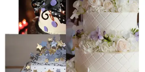 A collage of three custom cakes, including a multi-tiered white wedding cake with fresh flowers, a tiered cake with black and purple fondant decorations, and a square cake topped with silver and gold stars.