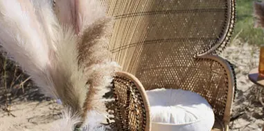 A tall woven wicker chair with a white cushion and pampas grass arrangement styled on a sandy outdoor setting.