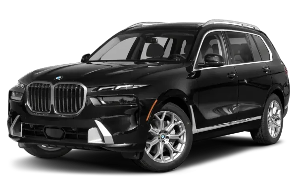 A black executive SUV, likely a BMW, shown in a studio setting.