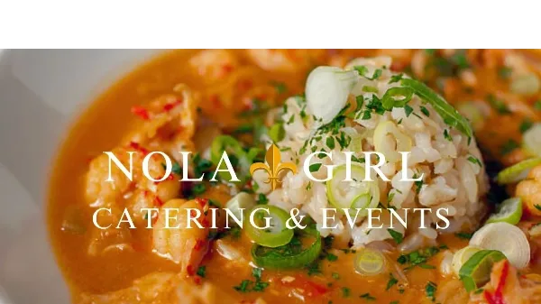 A close-up of a bowl of shrimp and rice with green onions and herbs, featuring the NOLA Girl Catering & Events logo overlay.